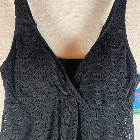 Swim Solutions Women's Tummy‎ Control Flyaway Black V-Neck Swimdress Size 12 NWT - Picture 2 of 10